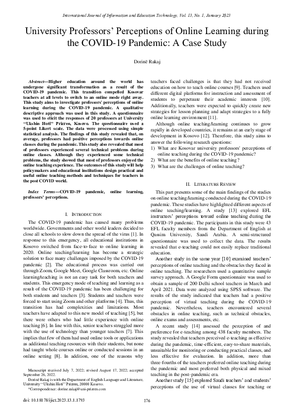 (PDF) University Professors' Perceptions of Online Learning during the ...