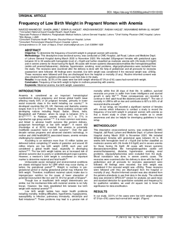 (PDF) Frequency of Low Birth Weight in Pregnant Women with Anemia