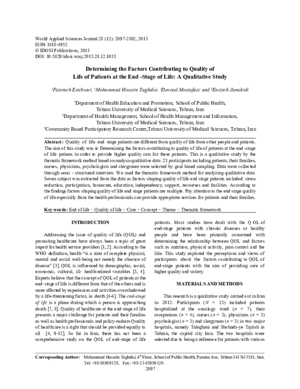 (PDF) Determining the Factors Contributing to Quality of Life of ...