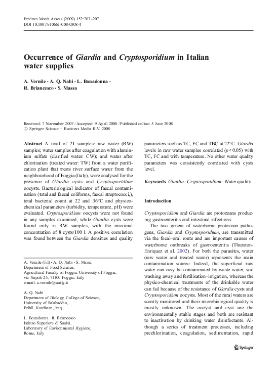 (PDF) Occurrence of Giardia and Cryptosporidium in Italian water supplies