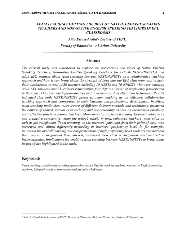 (PDF) TEAM TEACHING: GETTING THE BEST OF NATIVE ENGLISH SPEAKING ...