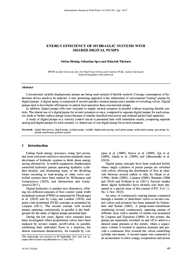 (PDF) Energy Efficiency of Hydraulic Systems with Shared Digital Pumps