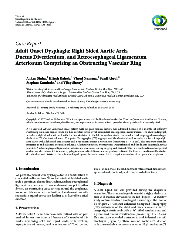 (PDF) Adult Onset Dysphagia Right Sided Aortic Arch, Ductus