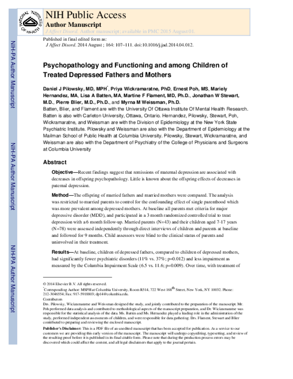 (PDF) Psychopathology and functioning among children of treated ...