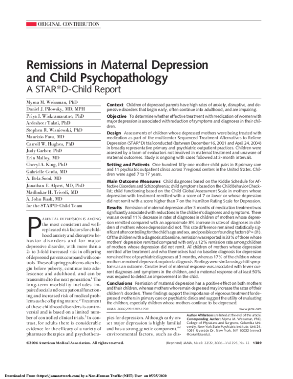 (PDF) Remissions in Maternal Depression and Child Psychopathology