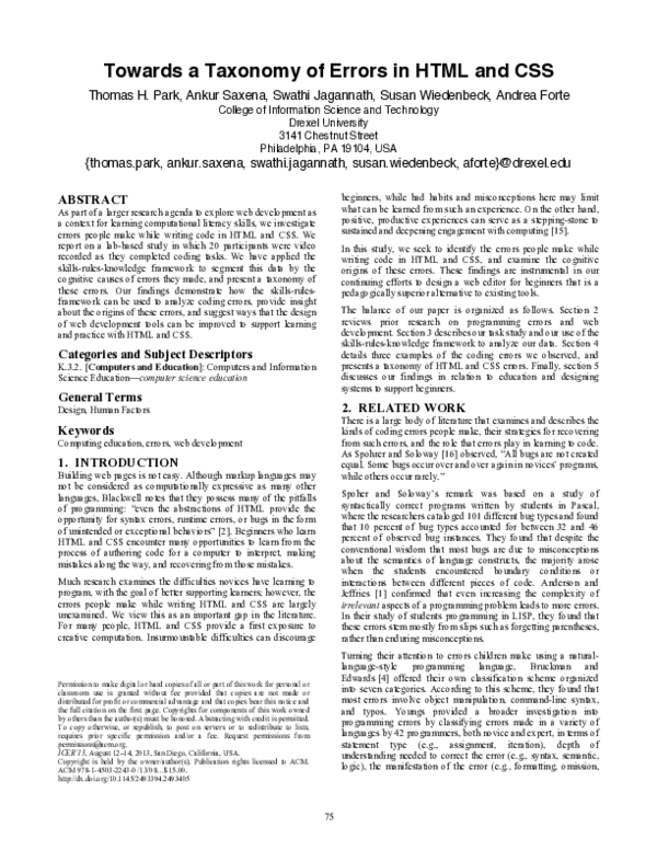 (PDF) Towards a taxonomy of errors in HTML and CSS