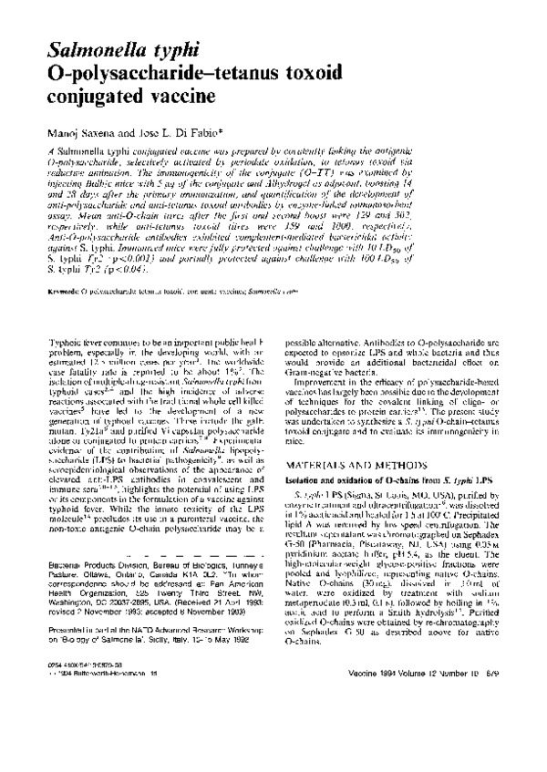(PDF) Salmonella typhi O-polysaccharide—tetanus toxoid conjugated vaccine
