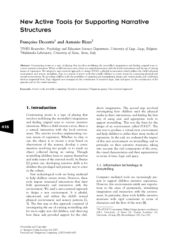 (PDF) New Active Tools for Supporting Narrative Structures A. Rizzo