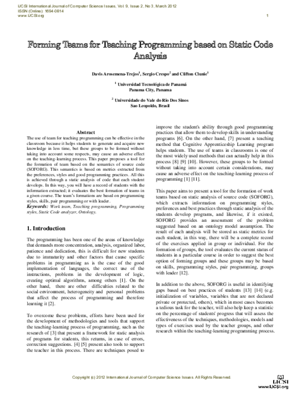 (PDF) Forming Teams for Teaching Programming based on Static Code Analysis