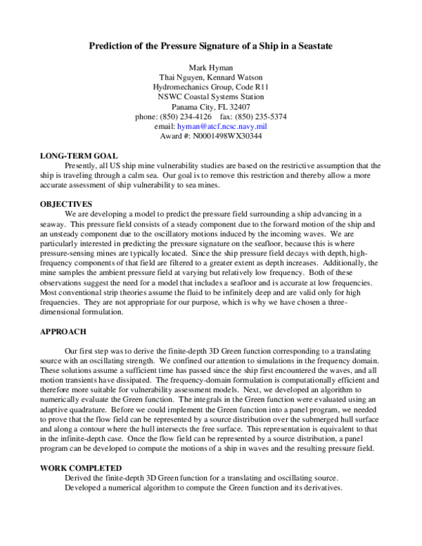 (PDF) Prediction of the Pressure Signature of a Ship in a Seastate
