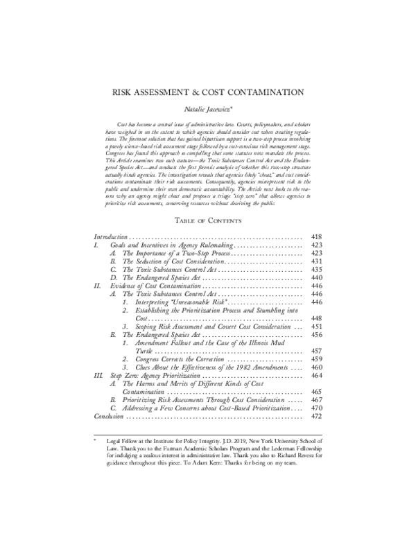 (PDF) Risk Assessment & Cost Contamination