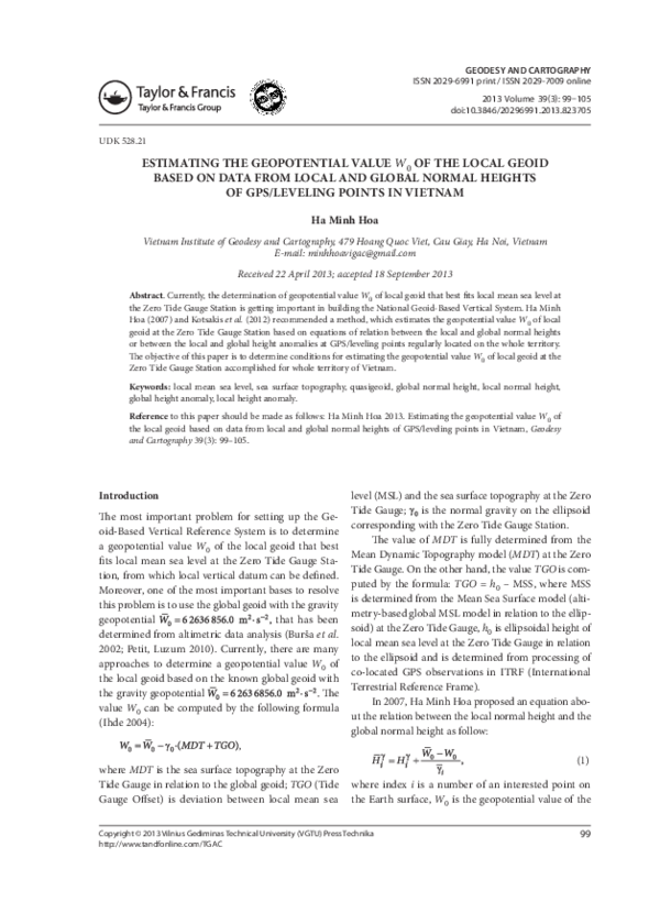(PDF) Estimating the Geopotential Value W0 of the Local Geoid Based on ...