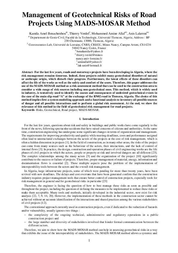 (PDF) Management of geotechnical risks of road projects using Mads ...