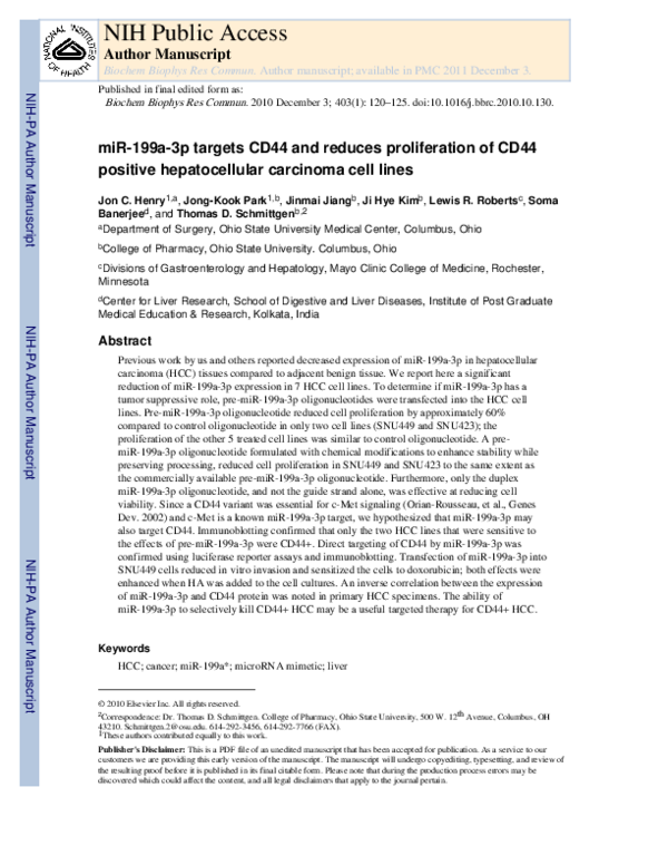 (PDF) miR-199a-3p targets CD44 and reduces proliferation of CD44 ...