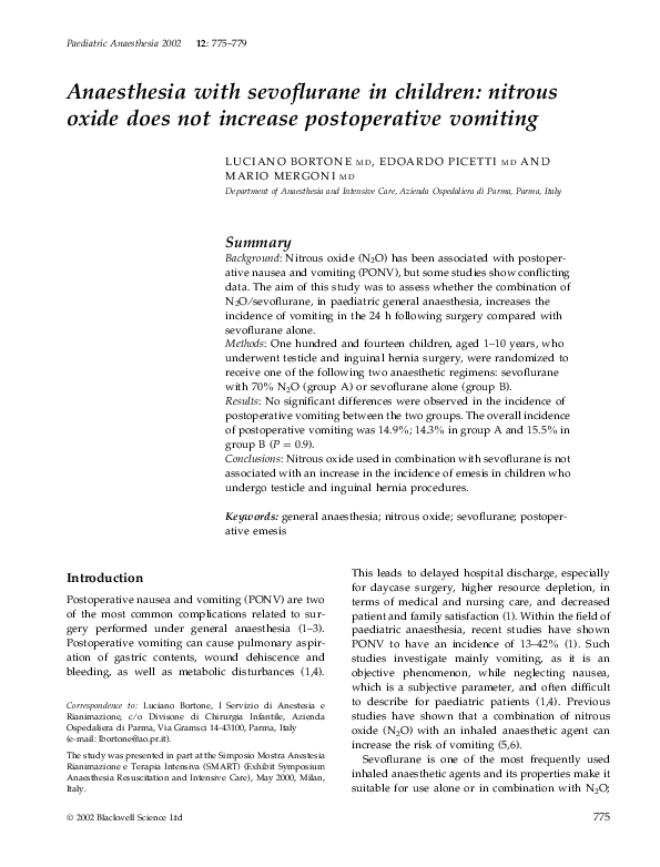 (PDF) Anaesthesia with sevoflurane in children nitrous oxide does not increase postoperative
