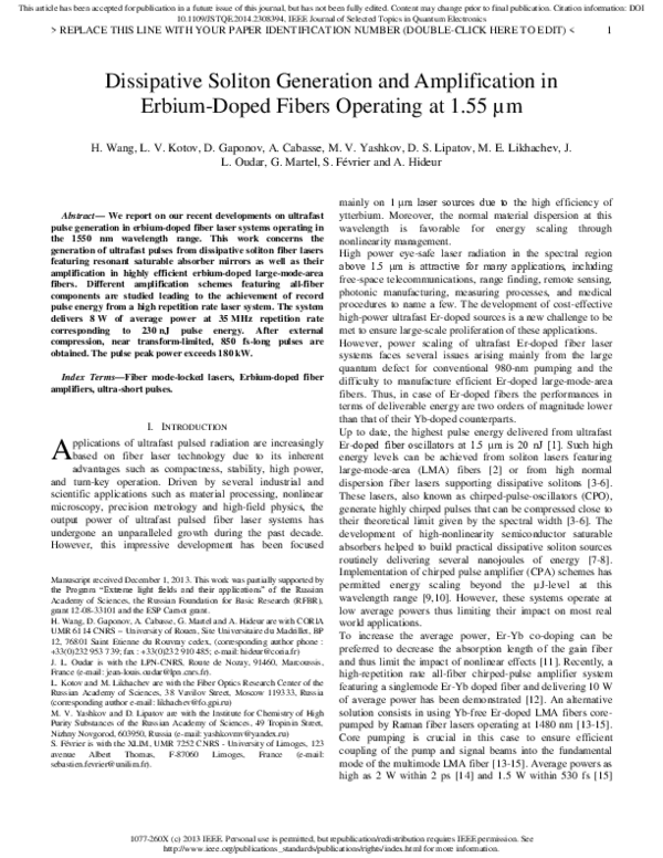(PDF) Dissipative Soliton Generation and Amplification in Erbium-Doped ...