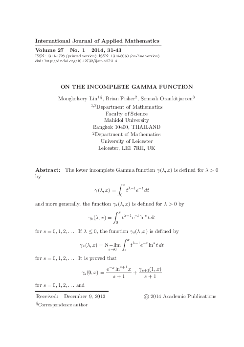 (PDF) On the Incomplete Gamma Function