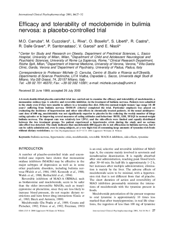 (PDF) Efficacy and tolerability of moclobemide in bulimia nervosa: a ...