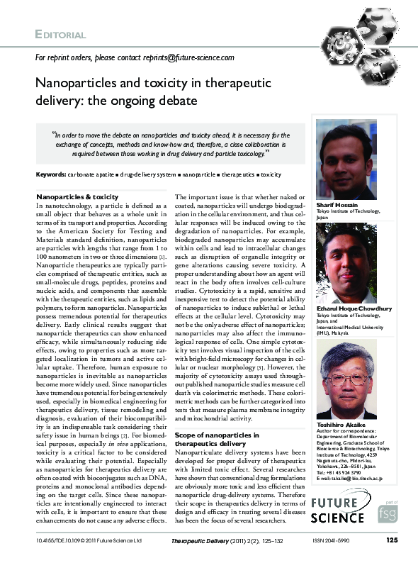 (PDF) Nanoparticles and toxicity in therapeutic delivery: the ongoing ...
