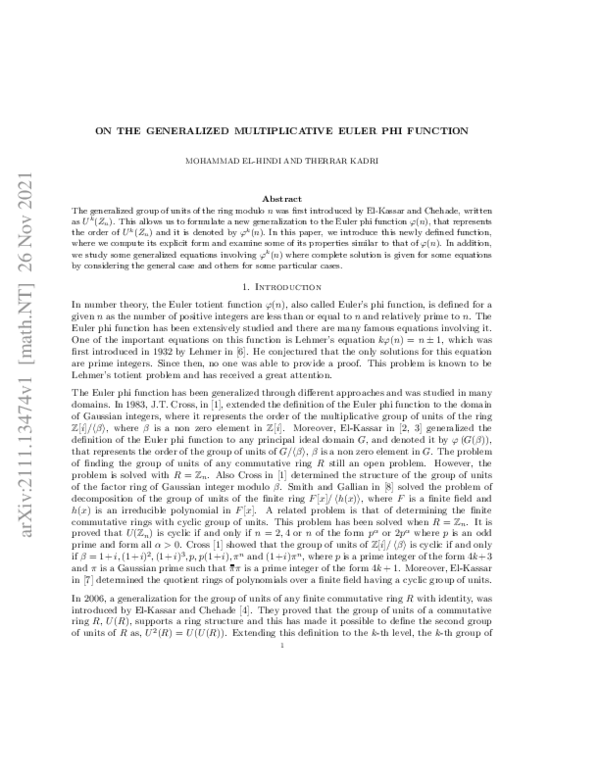 (PDF) On The Generalized Multiplicative Euler Phi Function