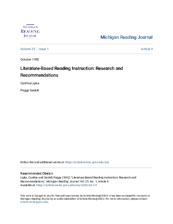 (PDF) Literature-Based Reading Instruction: Research and Recommendations