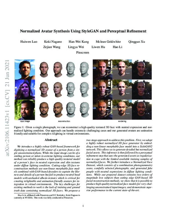 (PDF) Normalized Avatar Synthesis Using StyleGAN and Perceptual Refinement