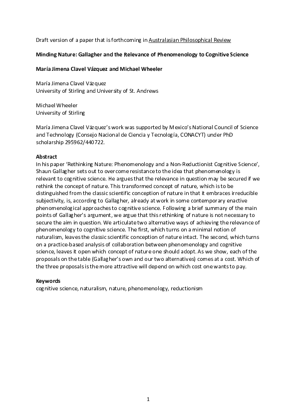 (PDF) Minding Nature: Gallagher and the Relevance of Phenomenology to ...