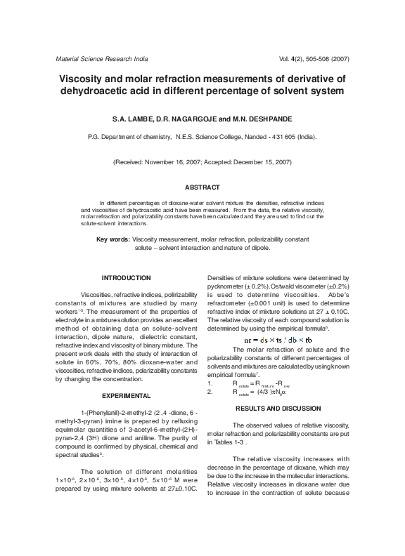 (PDF) Viscosity and Molar Refraction Measurements of Derivative of ...