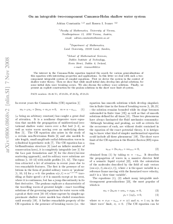 (PDF) On an integrable two-component Camassa–Holm shallow water system