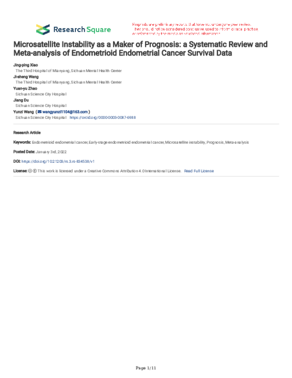 (PDF) Microsatellite Instability as a Maker of Prognosis: a Systematic ...