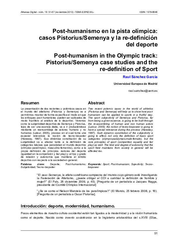 (PDF) Posthumanism in the Olympic track Pistorius/Semenya case