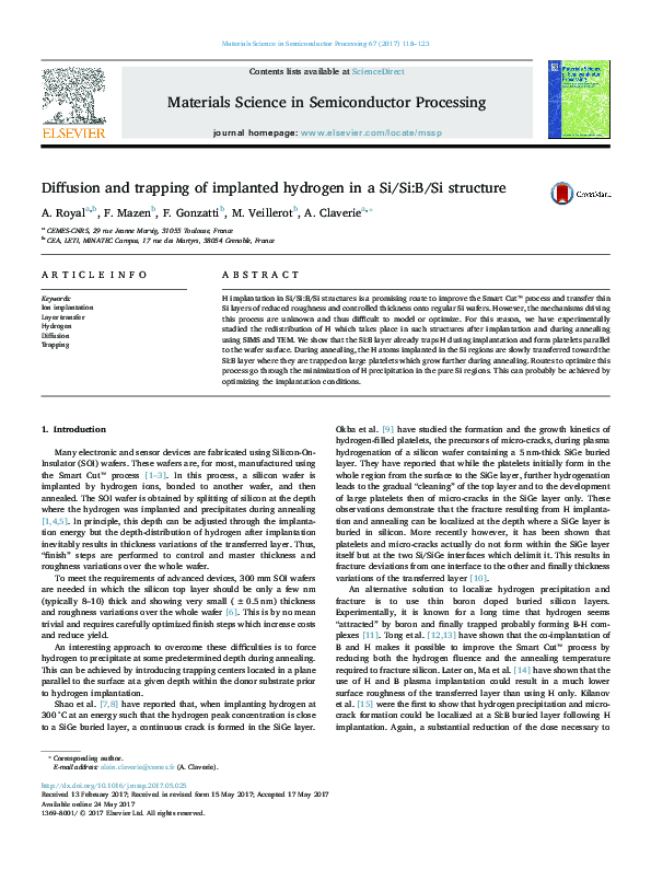 (PDF) Diffusion and trapping of implanted hydrogen in a Si/Si:B/Si ...