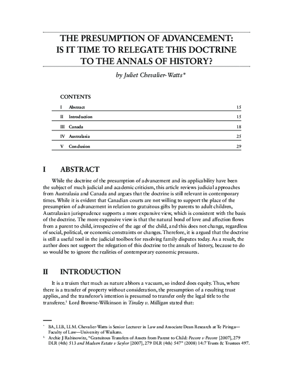 (PDF) The Presumption of Advancement: Is it Time to Relegate This ...