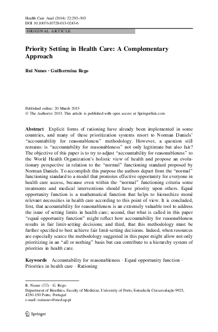 (PDF) Priority Setting in Health Care: A Complementary Approach