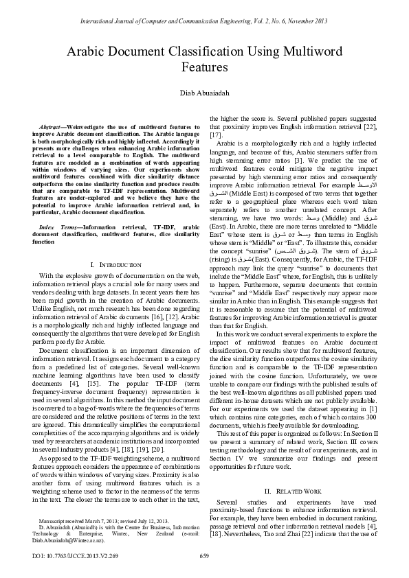(PDF) Arabic Document Classification Using Multiword Features