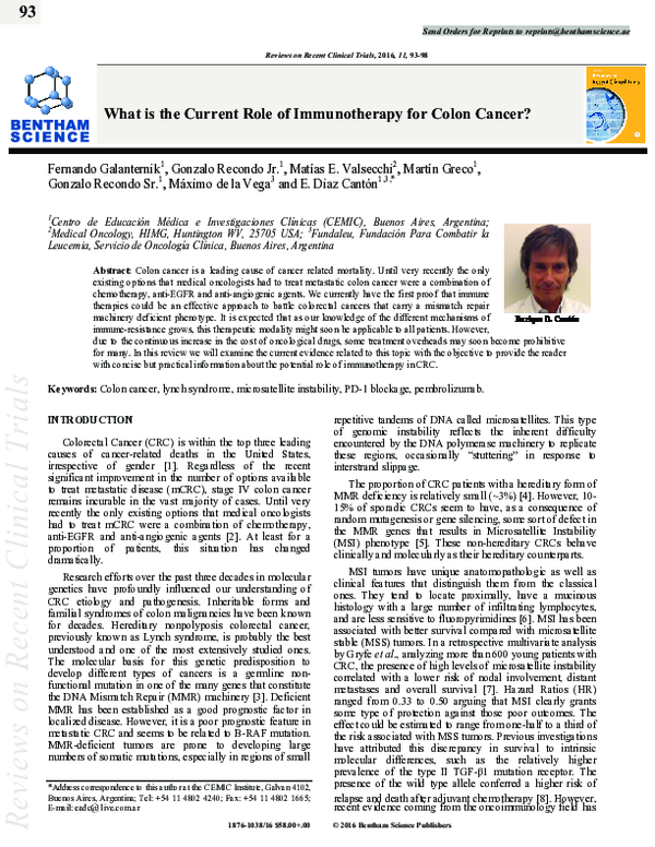 (PDF) What is the Current Role of Immunotherapy for Colon Cancer?