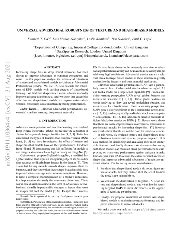(PDF) Universal Adversarial Robustness of Texture and Shape-Biased Models