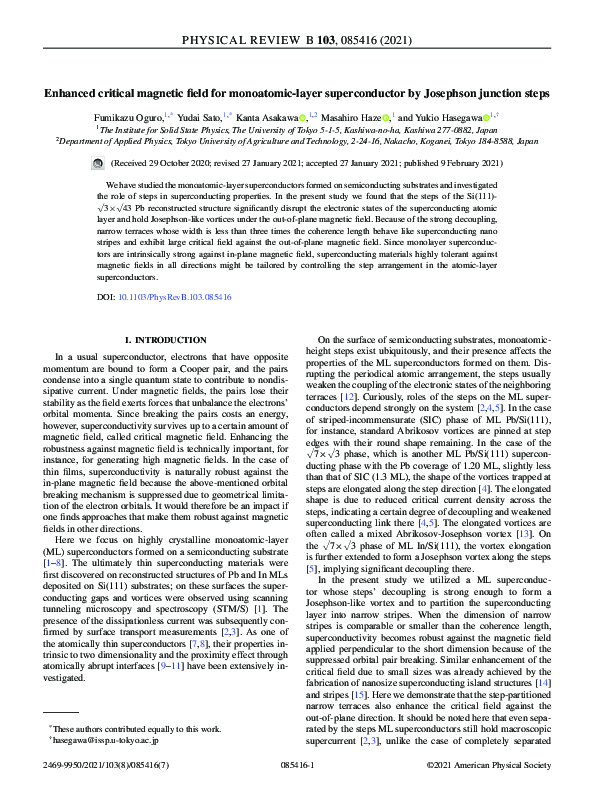 (PDF) Enhanced critical magnetic field for monoatomic-layer ...