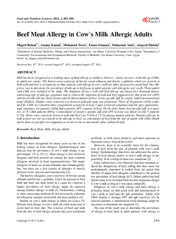 (PDF) Beef Meat Allergy in Cow’s Milk Allergic Adults mohamed ye7ia