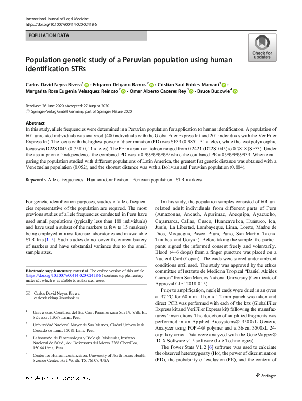(PDF) Population genetic study of a Peruvian population using human ...