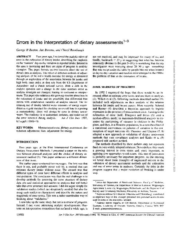 (PDF) Interpreting Errors in Dietary Assessments