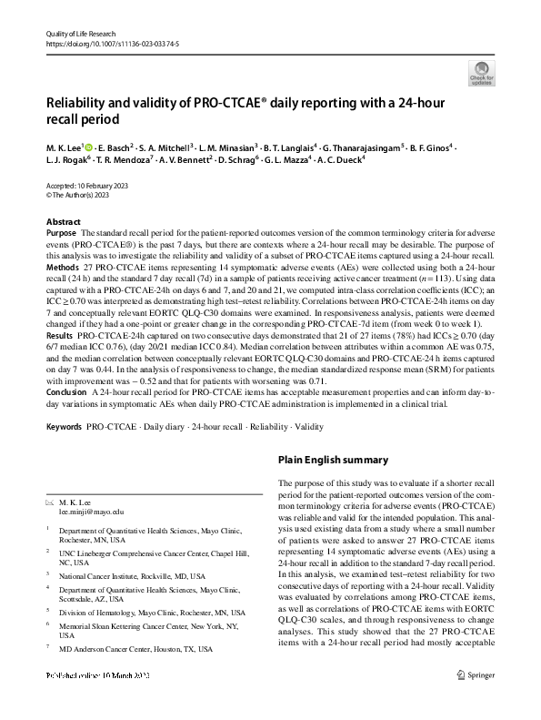 (PDF) Reliability and validity of PRO-CTCAE® daily reporting with a 24 ...