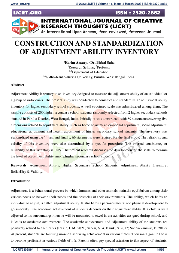 (PDF) CONSTRUCTION AND STANDARDIZATION OF ADJUSTMENT ABILITY INVENTORY