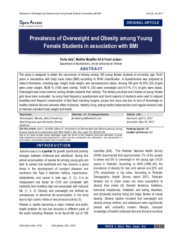 (PDF) Prevelance of Overweight and Obesity among Young Female Students ...