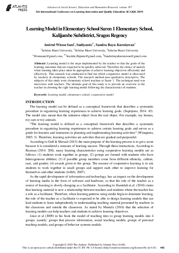 (PDF) Learning Model in Elementary School Saren 1 Elementary School ...