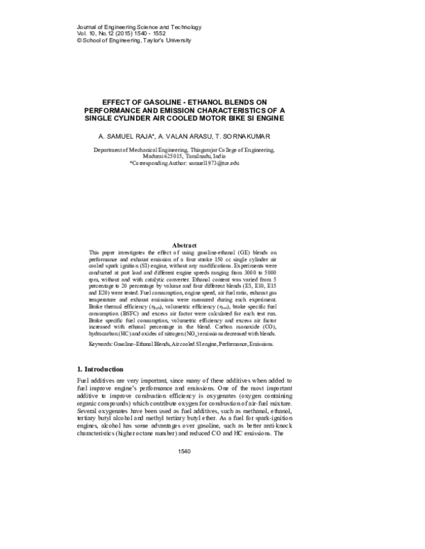 (PDF) Effect of Gasoline-Ethanol Blends on Performance and Emission ...