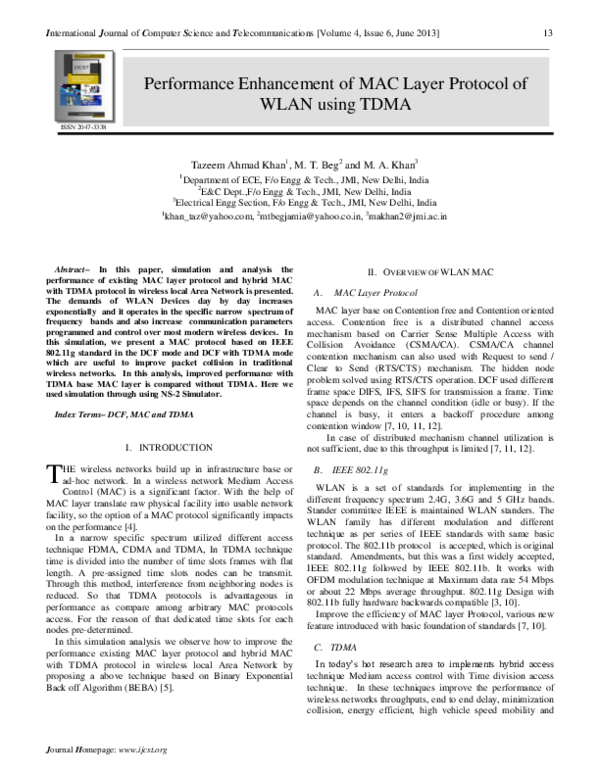 (PDF) Performance Enhancement of MAC Layer Protocol of WLAN using TDMA