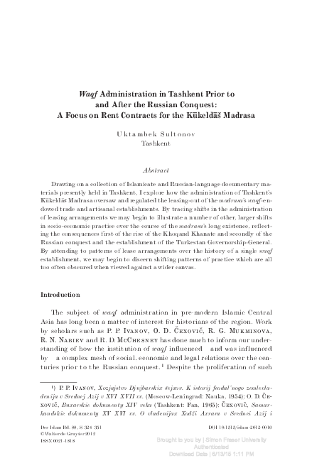 (PDF) Waqf Administration in Tashkent Prior to and After the Russian ...