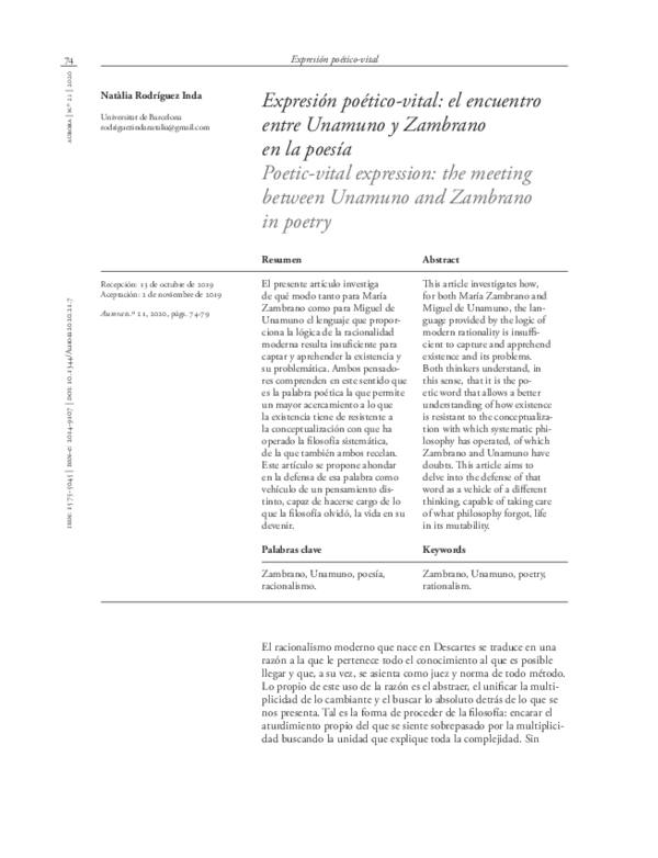 Expresión poético-vital: el encuentro entre Unamuno y Zambrano en la poesía
