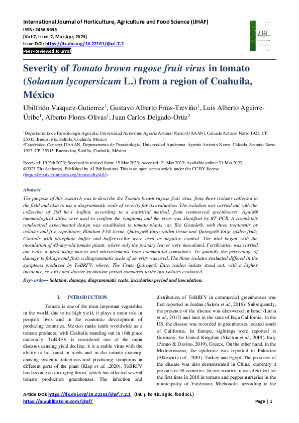 Severity of Tomato brown rugose fruit virus in tomato (Solanum lycopersicum L.) from a region of Coahuila, México